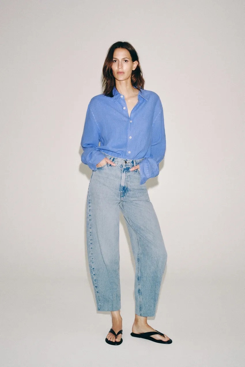 Zara | New High Waist Tapered Barrel Style In Baby Blue Jeans Preppy Casual Sz 0
